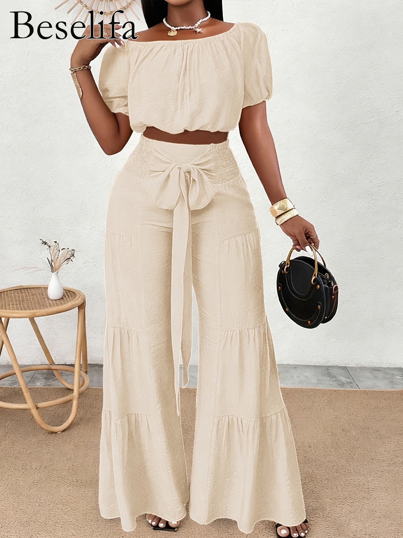 1 Set Summer Beach Vacation Style Off-Shoulder Puff-Sleeved Ruffled Strapless Crop Top & Wide Leg Pants, Solid Color Rayon 80% Polyamide 20% Woven Fabric, All Season Outfit, Casual Summer Outfit|Puff Sleeves|Vibrant Orange