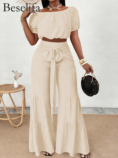 1 Set Summer Beach Vacation Style Off-Shoulder Puff-Sleeved Ruffled Strapless Crop Top & Wide Leg Pants, Solid Color Rayon 80% Polyamide 20% Woven Fabric, All Season Outfit, Casual Summer Outfit|Puff Sleeves|Vibrant Orange