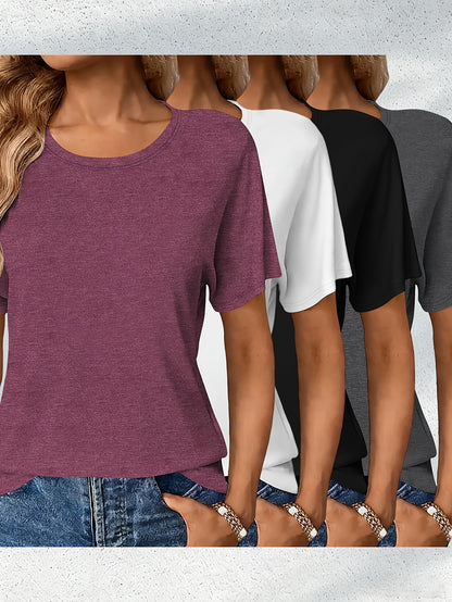 4pcs Women's Casual Rayon Short Sleeve T-Shirts- Pink, Olive Green, Dark Gray, and Brown Solid Color Crew Neck Tops, Machine Washable Four Seasons Comfortable Version, Women's T-Shirts