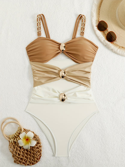Women's Sexy Hollow One-piece Swimsuit Solid Color Splicing Metal Button Swimsuit