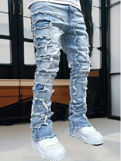 Men's Ripped Jeans Retro Street Style Spliced Slim Jeans Versatile Men Straight Denim Pants