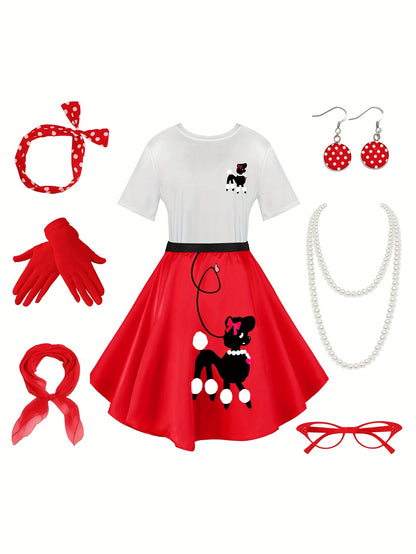 Ladies' Poodle Dress Set Retro Jumping Style 1950S Adult Women'S Halloween Costume T-Shirt Skirt Gloves, Scarf, Glasses, Earrings, Necklace Additions 8pcs Set
