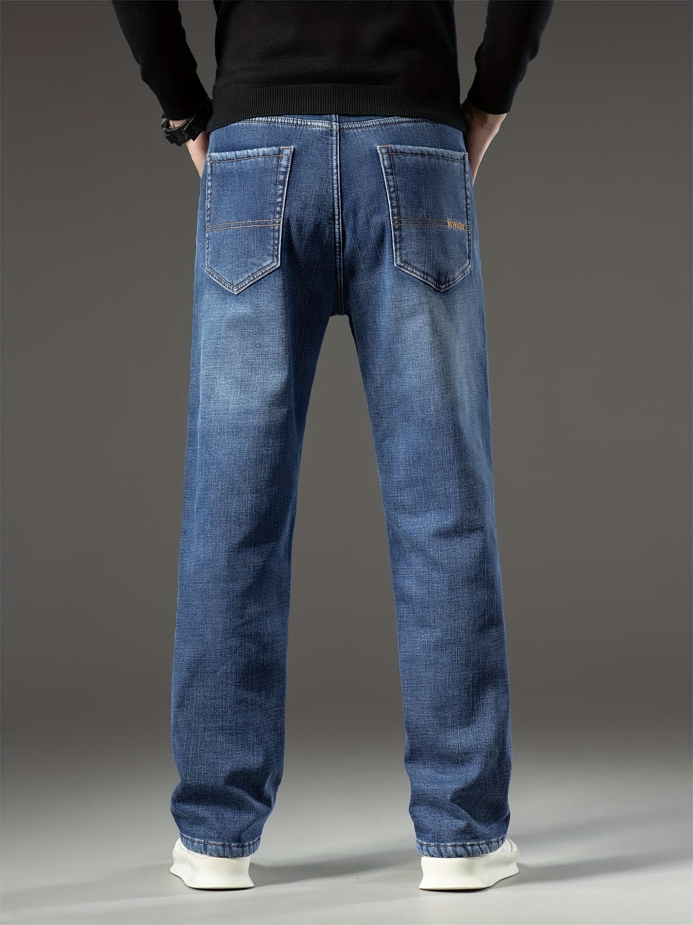 Men's Warm Fleece Stretch Jeans, Loose Casual Fleece Jeans, Straight Mid-waist Fashionable Versatile Jeans, Suitable For Daily, Business, Outdoor