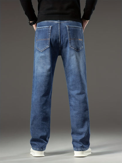 Men's Warm Fleece Stretch Jeans, Loose Casual Fleece Jeans, Straight Mid-waist Fashionable Versatile Jeans, Suitable For Daily, Business, Outdoor