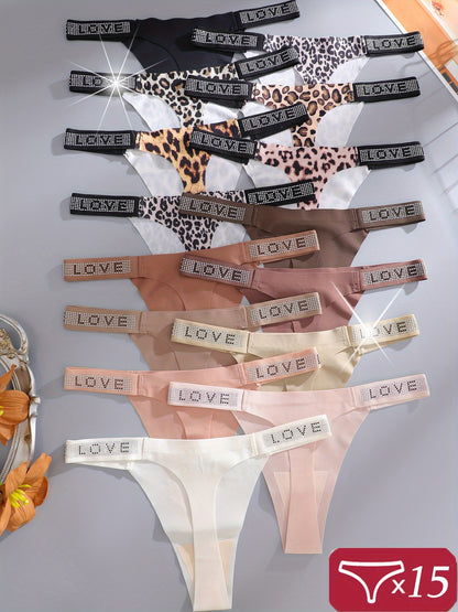 15pcs Pack Women' Ice Thong Panties - Low-Rise -String Underwear with Leopard Print & Hollow-Out Briefs, Soft Comfortable Non-Sheer Suitable for Casual Attire, Hand Washable Sexy Briefs