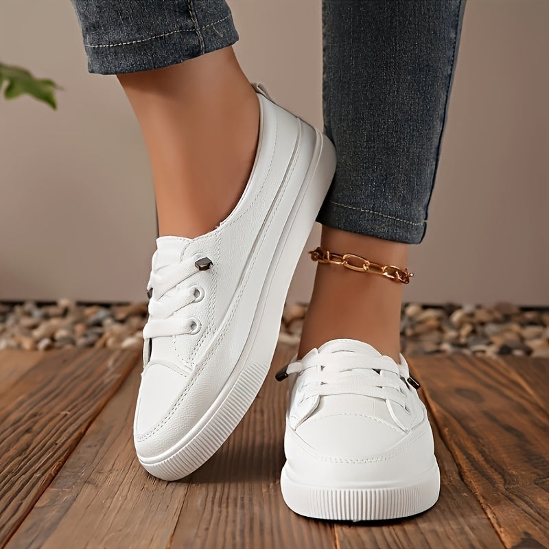 [Non-Slip White Sneakers] Women's Non-Slip White Fashion Sneakers - Wide Toe Lace-Up PU Skate Shoes, Lightweight and Wear-Resistant Outsole Wide-Fit Comfortable Casual Shoes, Shock-Absorbing Soles, Suitable for Daily Commute, Campus, Travel, Outdoor Activ