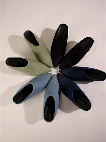 Women's Textured Fabric Pointed-toe Heels, One-foot Studded Mules, Comfortable Sandals, Thick Heels, Multi-color Simple And Portable, Casual Commuting Portable, Daily Wearable Women's Shoes, Women Shoes