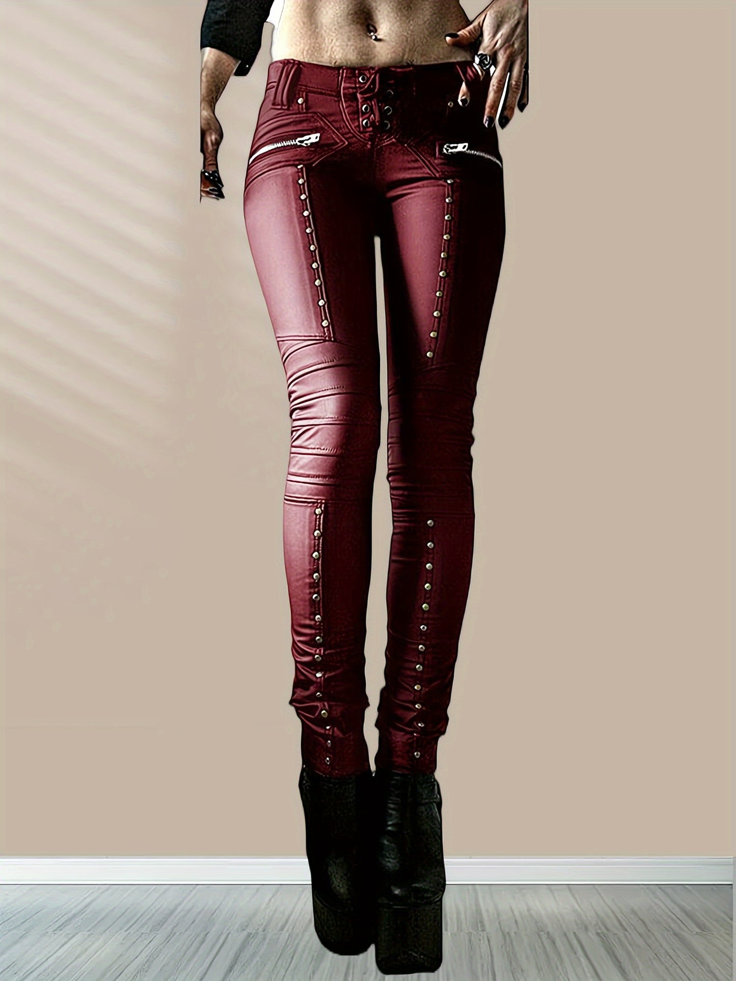 Women'S Leggings Gothic Punk Skinny Pants Mid Rise Novelty Studded Tight Pants