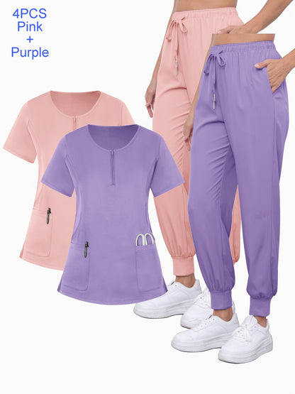 4pcs Set Of Multi-color Women's Round Neck Zipper Matte Breathable Sports Uniform Pocket Hand Washing Work Clothes Brush Hand Clothes Tying Feet Pants Set