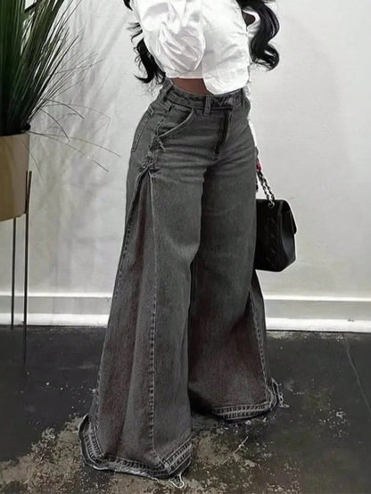 Women'S Wide Leg Jeans High Waisted Flared Denim Pants Baggy Loose Fit Jeans Frayed Raw Hem Casual Streetwear