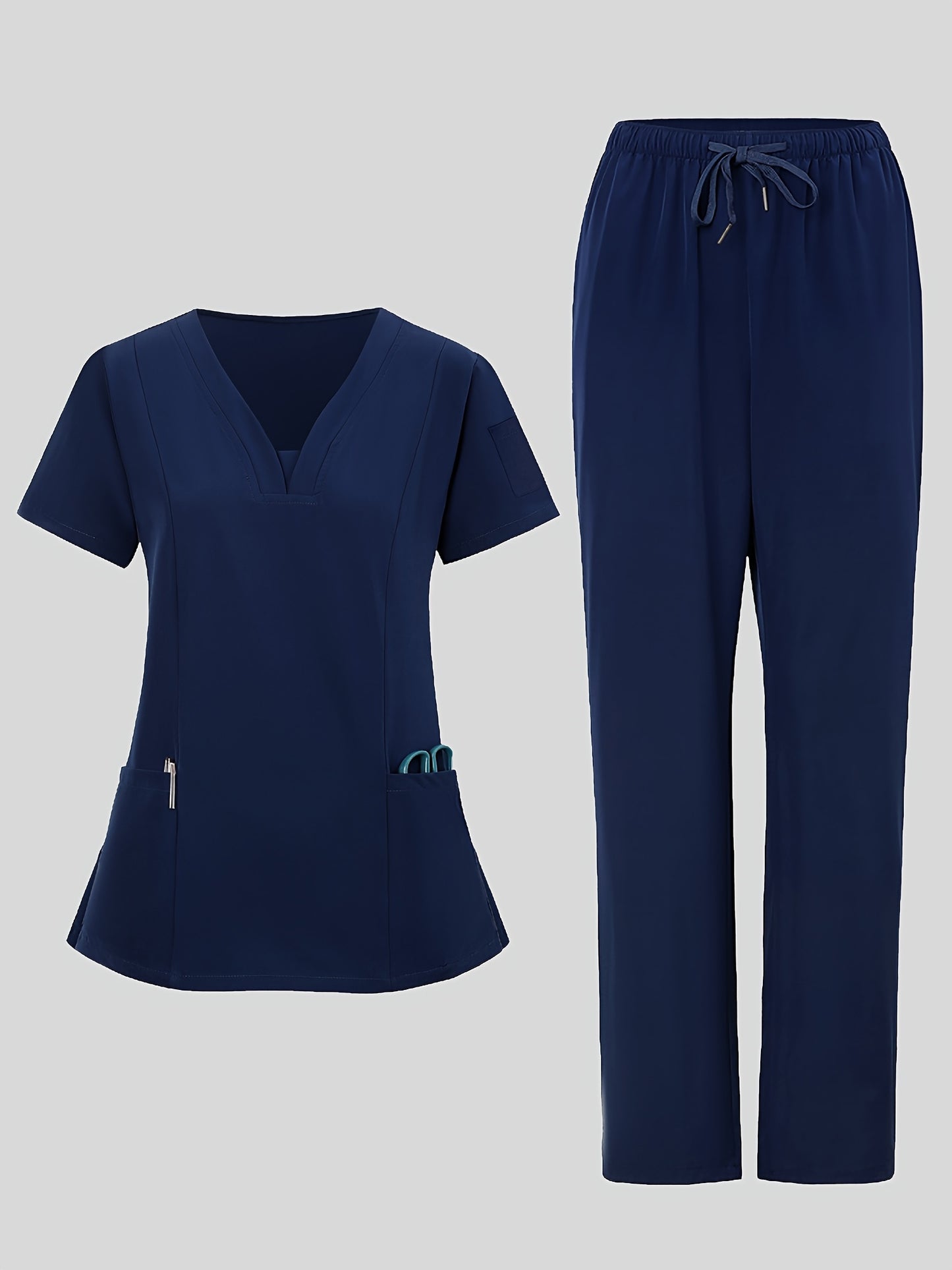 2pcs Women's Breathable V-Neck Work Uniform - Machine Washable Pocket Detail Matching Top & Pants, Casual Work Clothes Suitable for Work Uniforms, Healthcare, Education, Retail - Comfortable Professional Attire