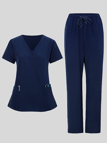 2pcs Women's Breathable V-Neck Work Uniform - Machine Washable Pocket Detail Matching Top & Pants, Casual Work Clothes Suitable for Work Uniforms, Healthcare, Education, Retail - Comfortable Professional Attire