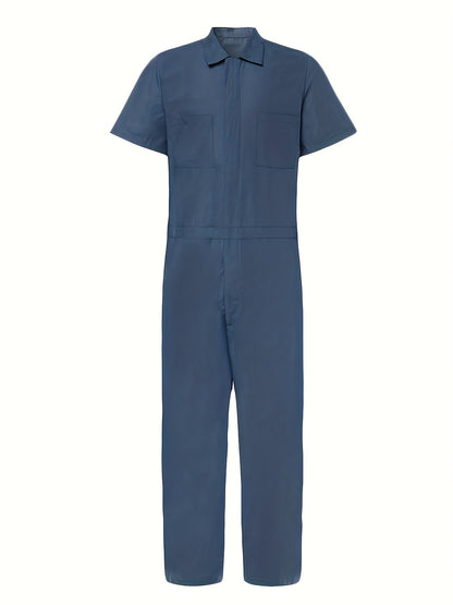 Men's Plus Size Short Sleeve Coverall Jumpsuit, Four-Way Stretch Fabric, Rolled Short Sleeves, Stand-Up Collar Half-Open Placket, Multi-Pocket Design, Industrial/Utility Style Casual Workwear, Effortlessly Shaping a Men's Casual and Trendy Look