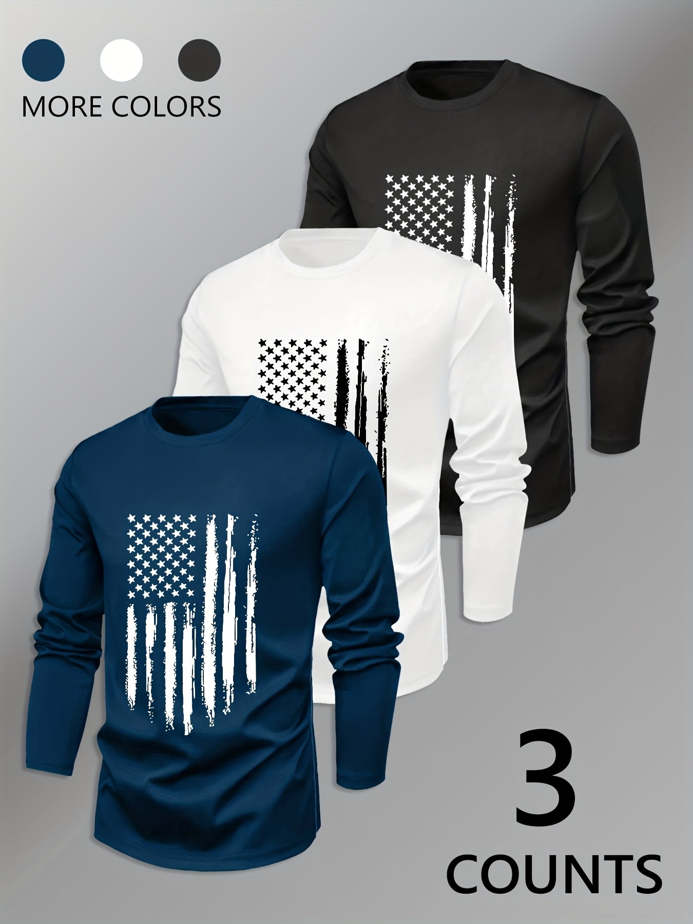 Men's Navy Blue Striped Long-Sleeve T-Shirt Three-pc: Crew Neck, Geometric Flag Pattern. Breathable and Quick-Drying, Sweat-Absorbent and Durable, Regular Fit. Classic and Stylish Sportswear, Comfortable Basic for Home/Daily Wear鈥擬en's Versatile