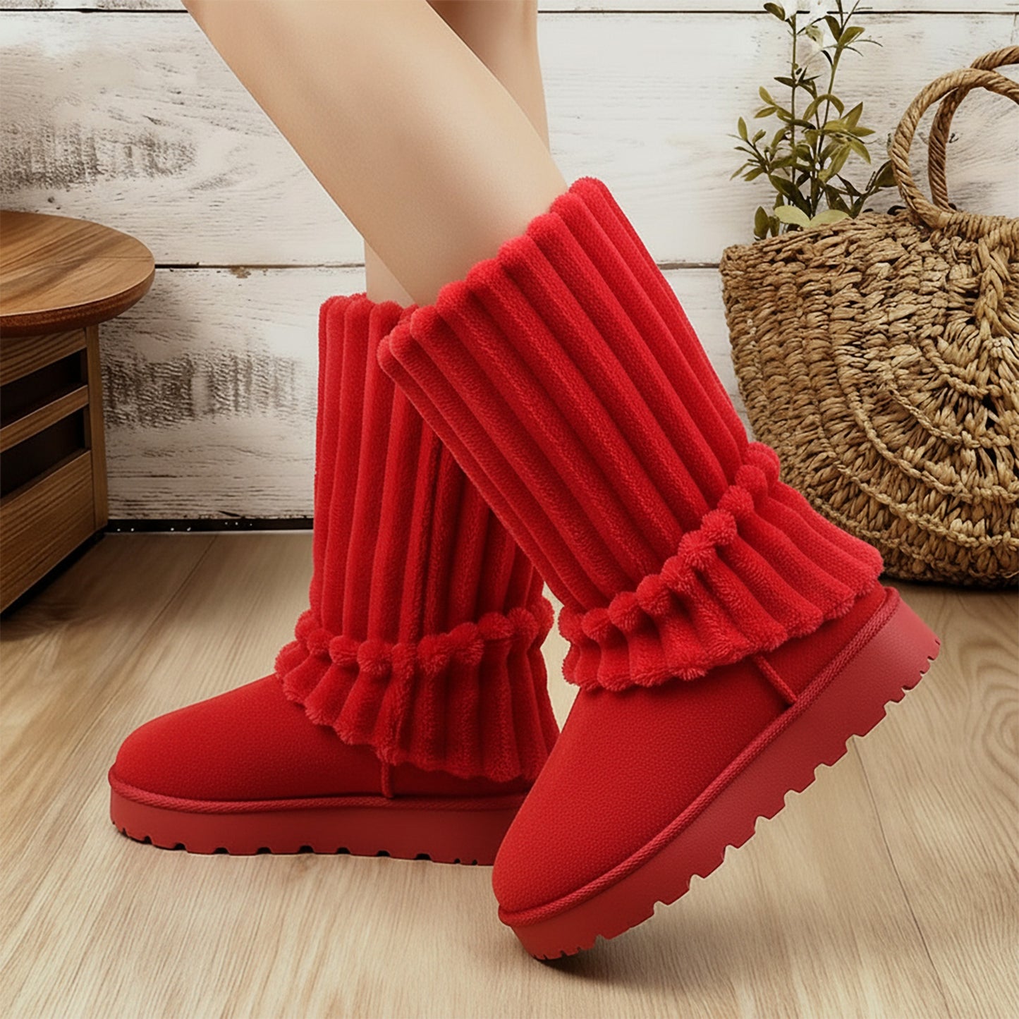 Women'S Winter Thick-Soled Snow Boots with Plush Collar & Slip-Resistant PVC Sole | Warm Round Toe, Casual or Dress Style, Black/Brown - Cozy Holiday Gift