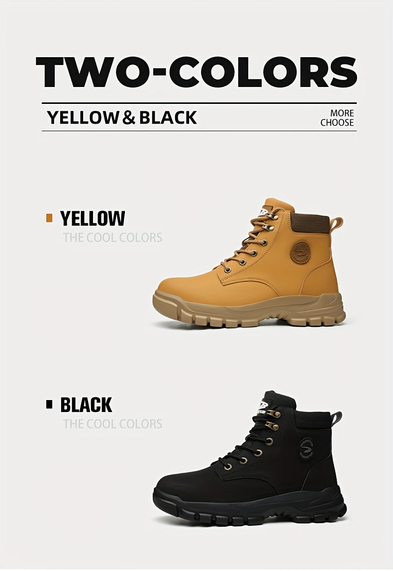 Men's Solid Color Classic High Top Plain Toe Steel Toe & Puncture Proof Safety Boots, Comfy Non Slip Durable Lace Up Work Shoes, Men's Constructional & Industrial Footwear