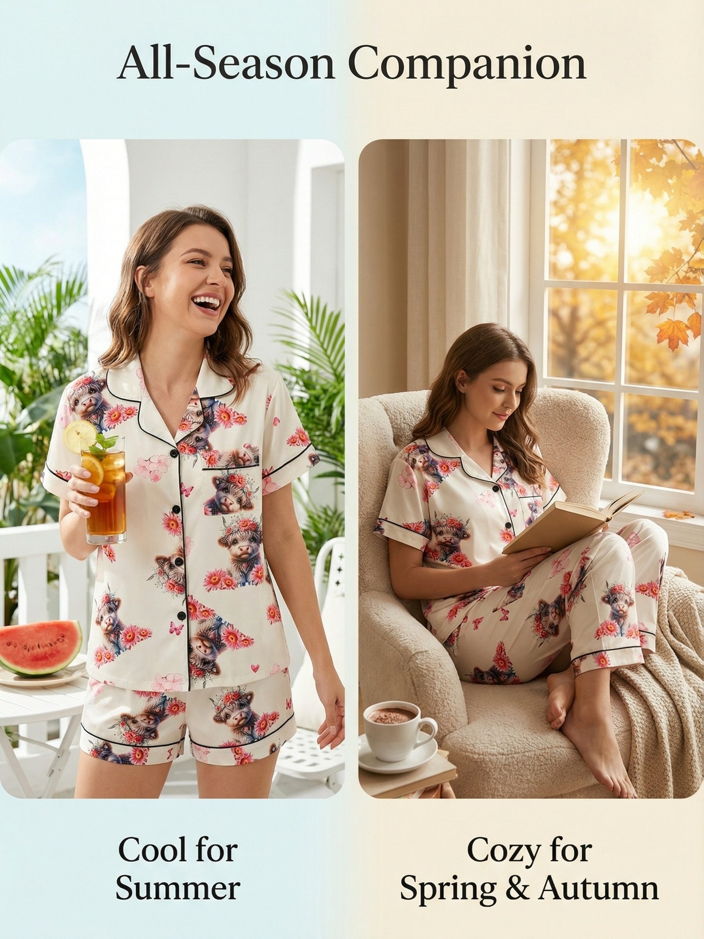 [3pcs Women's Pajama Set] 3pcs Casual Women's Pajama Set | Features A Lapel Collar, Short-sleeved Top with Button Closure, Paired with Shorts And Long Pants, Adorned with Floral And Cow Patterns. Comfortable Loungewear Suitable for All Seasons