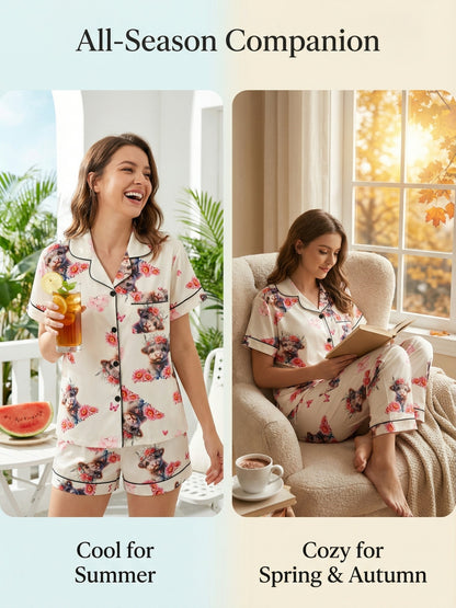 [3pcs Women's Pajama Set] 3pcs Casual Women's Pajama Set | Features A Lapel Collar, Short-sleeved Top with Button Closure, Paired with Shorts And Long Pants, Adorned with Floral And Cow Patterns. Comfortable Loungewear Suitable for All Seasons