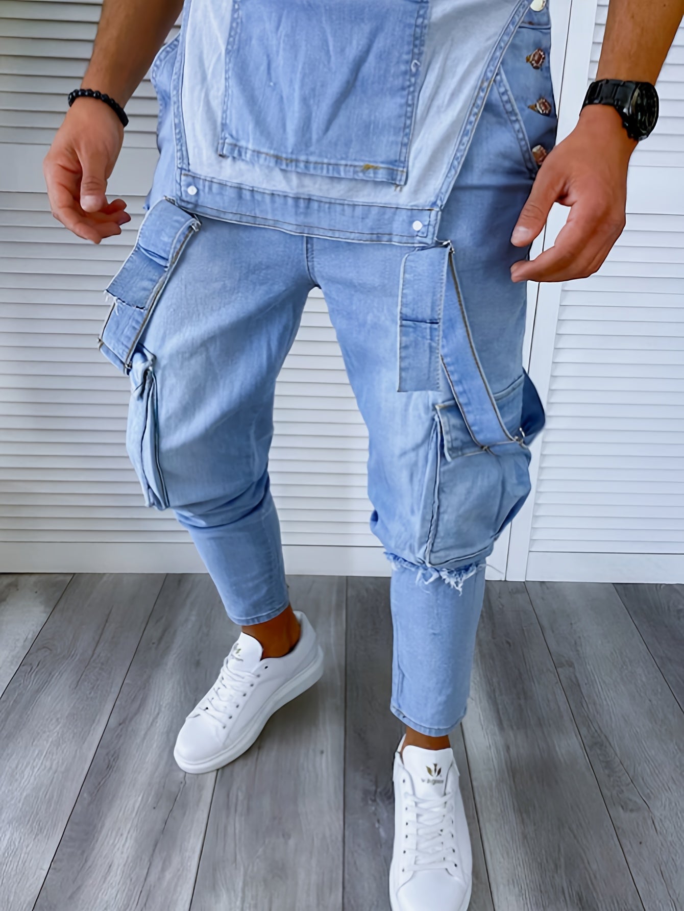 Men's Casual Denim Jumpsuit with Multiple Pockets - Light Blue, Stretchy, All-Season, Raw Wash, Skinny Fit, Perfect for Everyday Comfort, Everyday Comfort Clothing | Casual Jumpsuit | Stretchy Fabric, Denim Jumpsuit