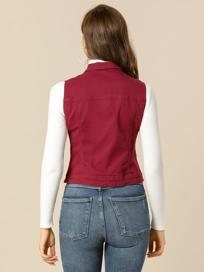 Women's Buttoned Washed Denim Vest Jacket W Chest Flap Pockets