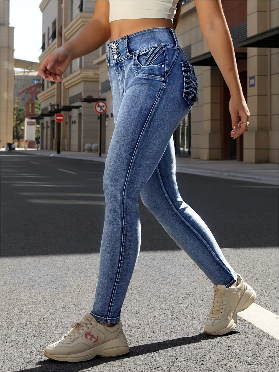 Fashion Wash Blue Front Row Button Pocket Folding Decoration High Waist Stretch Slim Hip Lifting Women Casual Tight Jeans