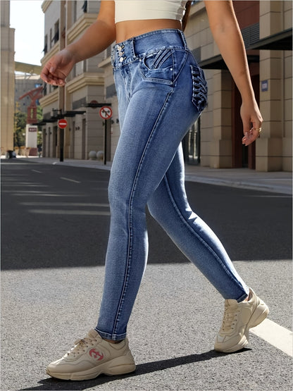 Fashion Wash Blue Front Row Button Pocket Folding Decoration High Waist Stretch Slim Hip Lifting Women Casual Tight Jeans
