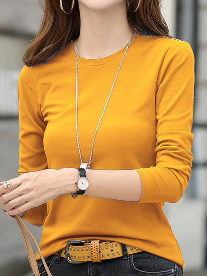Women's Elegant Crew Neck T-Shirt, 100% Polyester Fabric, High Stretch Solid Color Top, Regular Length, 180gsm - Spring/Summer Fashion