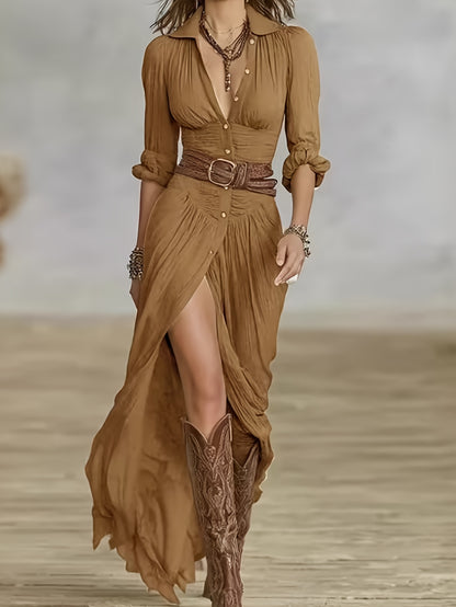 [Chic Dress] Fashionable Retro V-Neck Button-Up High Slit Belted Figure-Hugging Chic -Style Dress For Women, A Figure-Hugging Long Dress That Enhances The Waistline And Makes You Look Slimmer