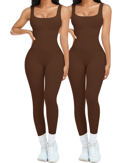 2pcs - Women'S Autumn And Winter Sleeveless Square Collar Long Jumpsuit, 90% Nylon And 10% Elastic Fiber Fabric Comfortable, Thick, Impermeable Washable And Reusable, Suitable For Any Activity Occasion, Exercise, Fitness, Pilates, Running, Yoga