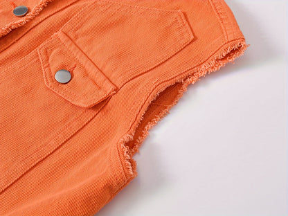 Women's Candy Color Sleeveless Denim Vest Button Jean Waistcoat Collarless Jacket Tassel Design Vest for Women