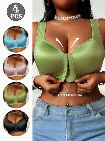 A Set of Four Women'S Bras Featuring a Front Buckle Design Without Steel Rings - Made from Glossy Satin, These Seamless Bras Offer Comfort, Breathability, And Soft Support. They Come with Non-Adjustable Shoulder Straps And Non-Removable Padding