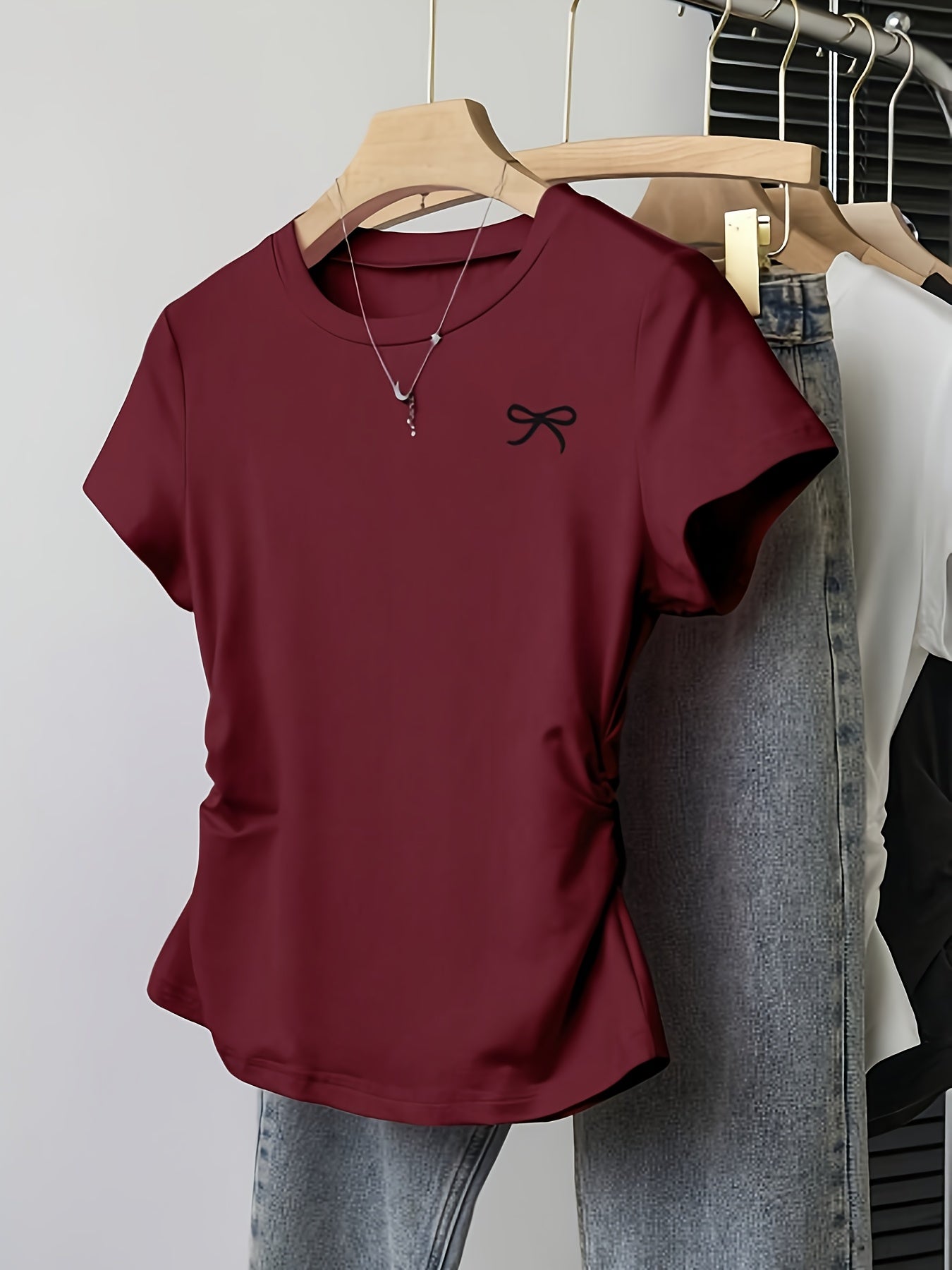 3pcs Pleated Round Neck Short Sleeve Bow Print Casual Versatile T-Shirt Top