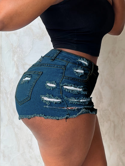 Ripped Raw Hem Denim Shorts, Distressed Washed Blue Denim Shorts, Women's Denim Jeans & Clothing