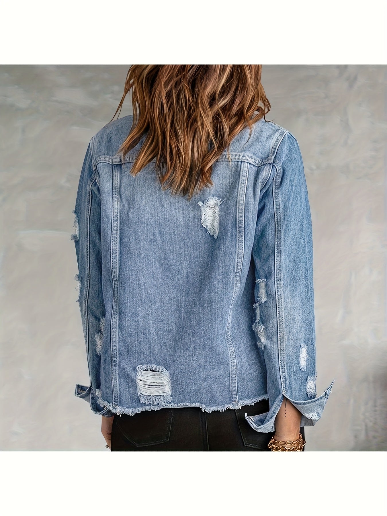 Women's Ripped Washed Button-Up Denim Jacket Coat with Pockets, Casual Classic Distressed Denim Outerwear TZ001