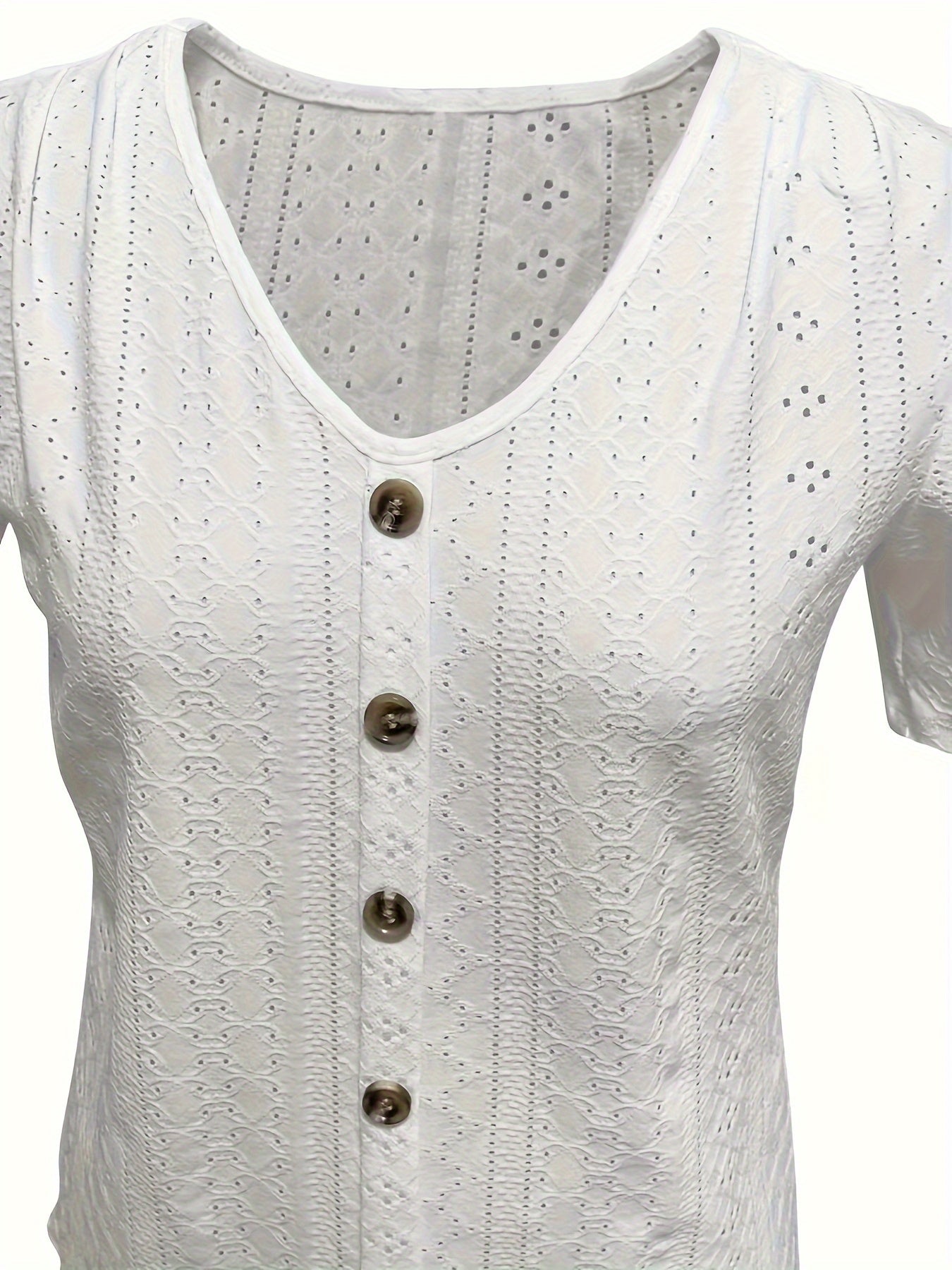 Elegance Light Blue V-Neck Short Sleeve T-Shirt with Decorative Buttons - Breathable, High Elasticity, Semi-Transparent Jacquard Top for Women, Suitable for Spring And Summer, Ladies' T-Shirt