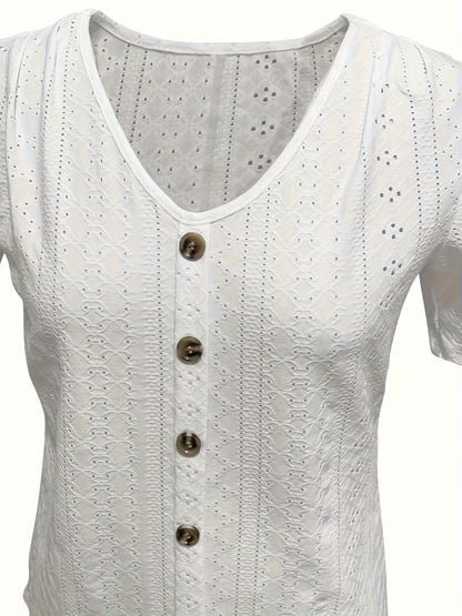 Elegance Light Blue V-Neck Short Sleeve T-Shirt with Decorative Buttons - Breathable, High Elasticity, Semi-Transparent Jacquard Top for Women, Suitable for Spring And Summer, Ladies' T-Shirt