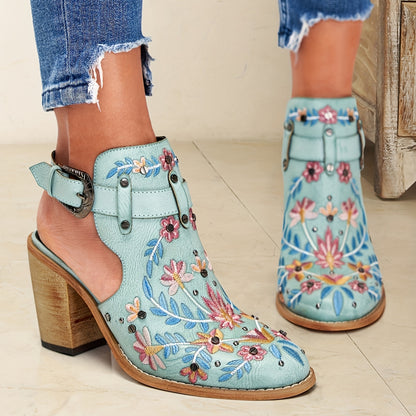 2025 New Women's Chunky Heel Ankle Boots, Pointed Toe Floral Vintage Style with Comfortable Open Back Strap, Women Shoes