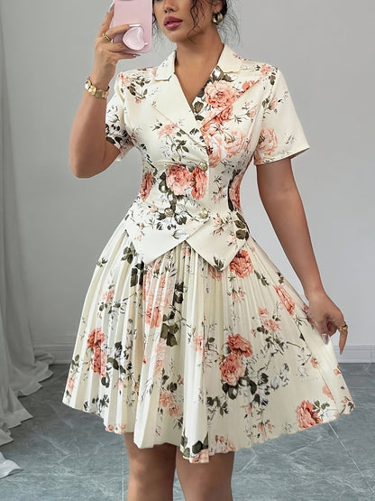 Romantic Date Beige Pink Rose Print Blazer Neck Dress, Short Sleeve Waist Pleated Hem, Slimming Breathable, Valentine Date Party Look, Gentle Women & Couples, Floral Print Blazer Dress