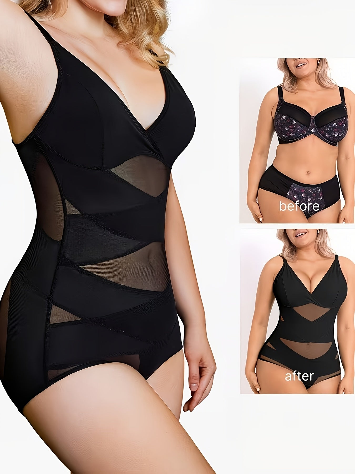 Sexy Deep V-neck Women'S Shapewear, With Cross Cinching And Chest Lifting Straps And Detachable Chest Pads, Can Be Worn All Day Long With Breathable Mesh Deep V-neck Design, With Quick Snap Cinching And Hip Lifting, Full Body Shapewear