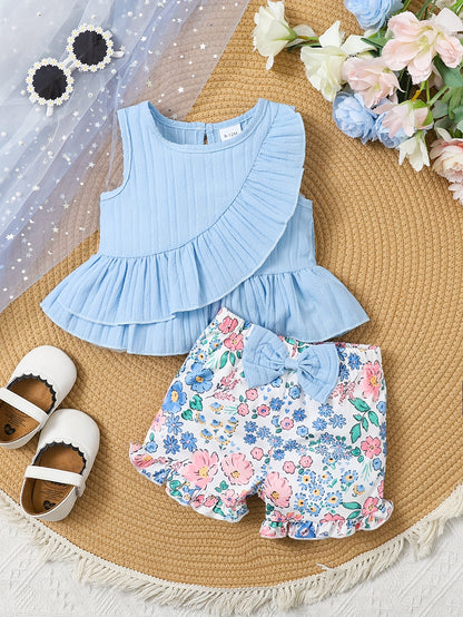 2pcs Girls' Summer Set: Blue Striped Sleeveless Top with Ruffle Design and Floral Print, Bow Detail & Wooden Ear Short Pants Casual Outfit, Perfect for Outdoor
