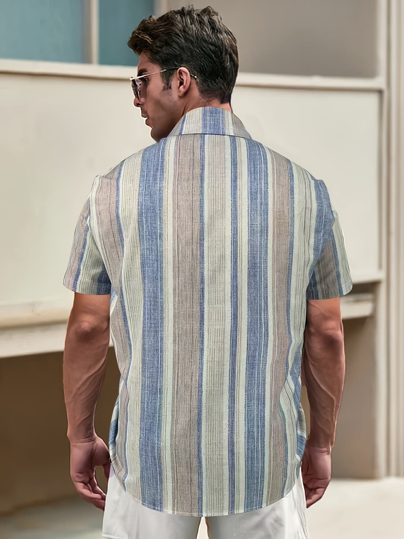 1pc Men'S Casual Striped Short Sleeve Shirt - Polyester 95%, Spandex 5% Blend, Summer Lapel Collar, Woven Fabric, Regular Fit with Button Details, Plus Size