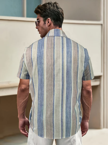 1pc Men'S Casual Striped Short Sleeve Shirt - Polyester 95%, Spandex 5% Blend, Summer Lapel Collar, Woven Fabric, Regular Fit with Button Details, Plus Size