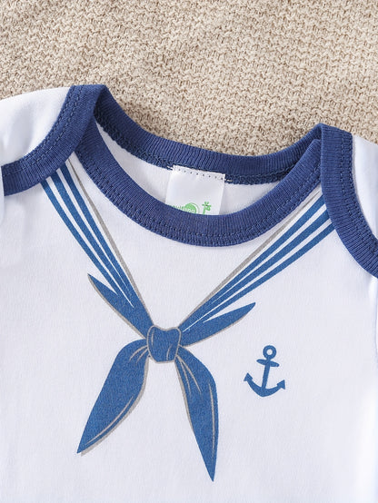 5pcs Set of Baby Boys' Short Sleeved Cartoon Triangle Jumpsuit, Ha Yi, Baby Boys' Ocean Boat Anchor Casual Crawling Suit, for Outdoor