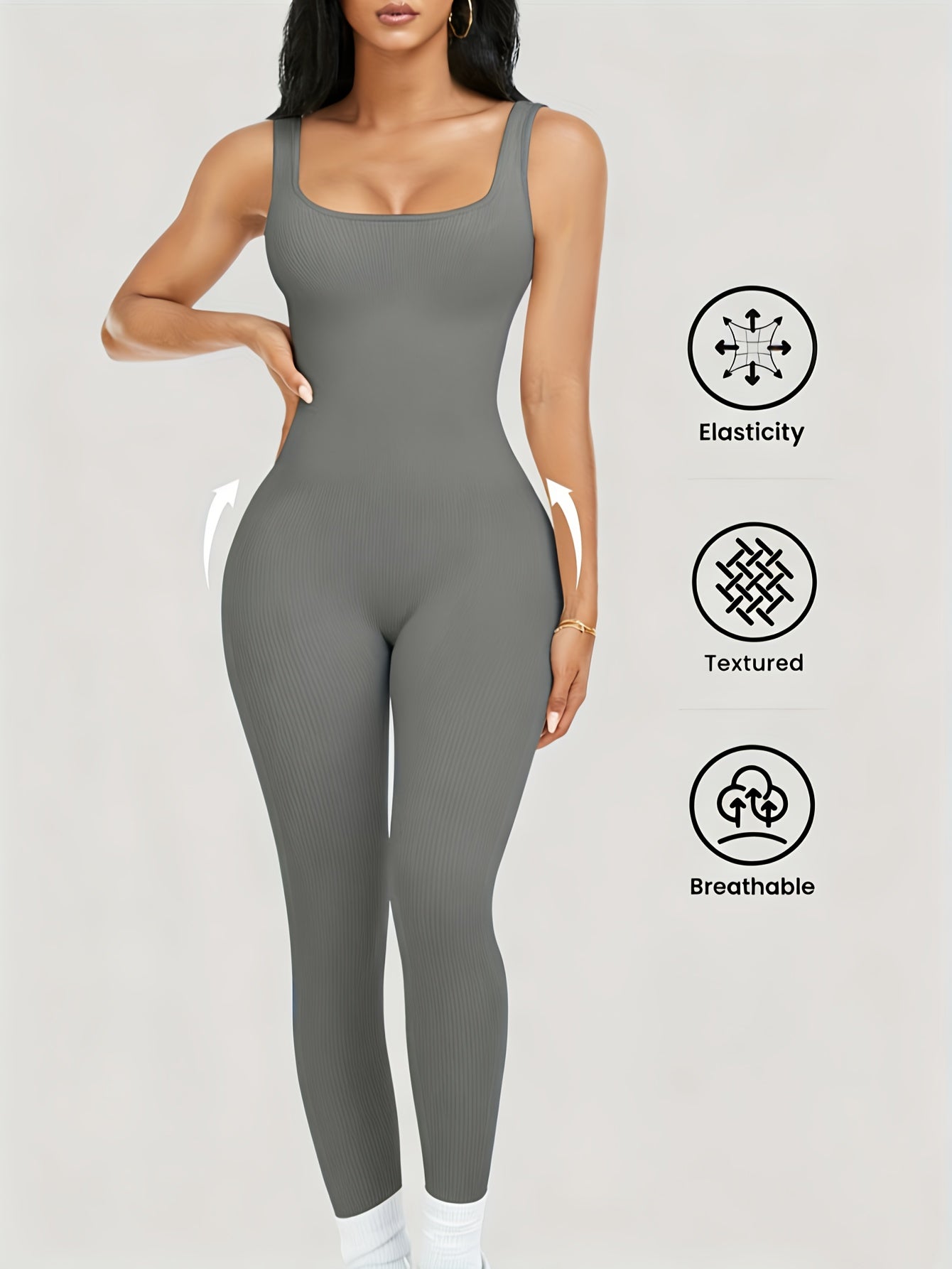 Shapewear Bodysuit For Women Tummy Control Square Neck Seamless Ribbed Jumpsuit Sleeveless Tank Top Leggings, For, High Elastic Fit