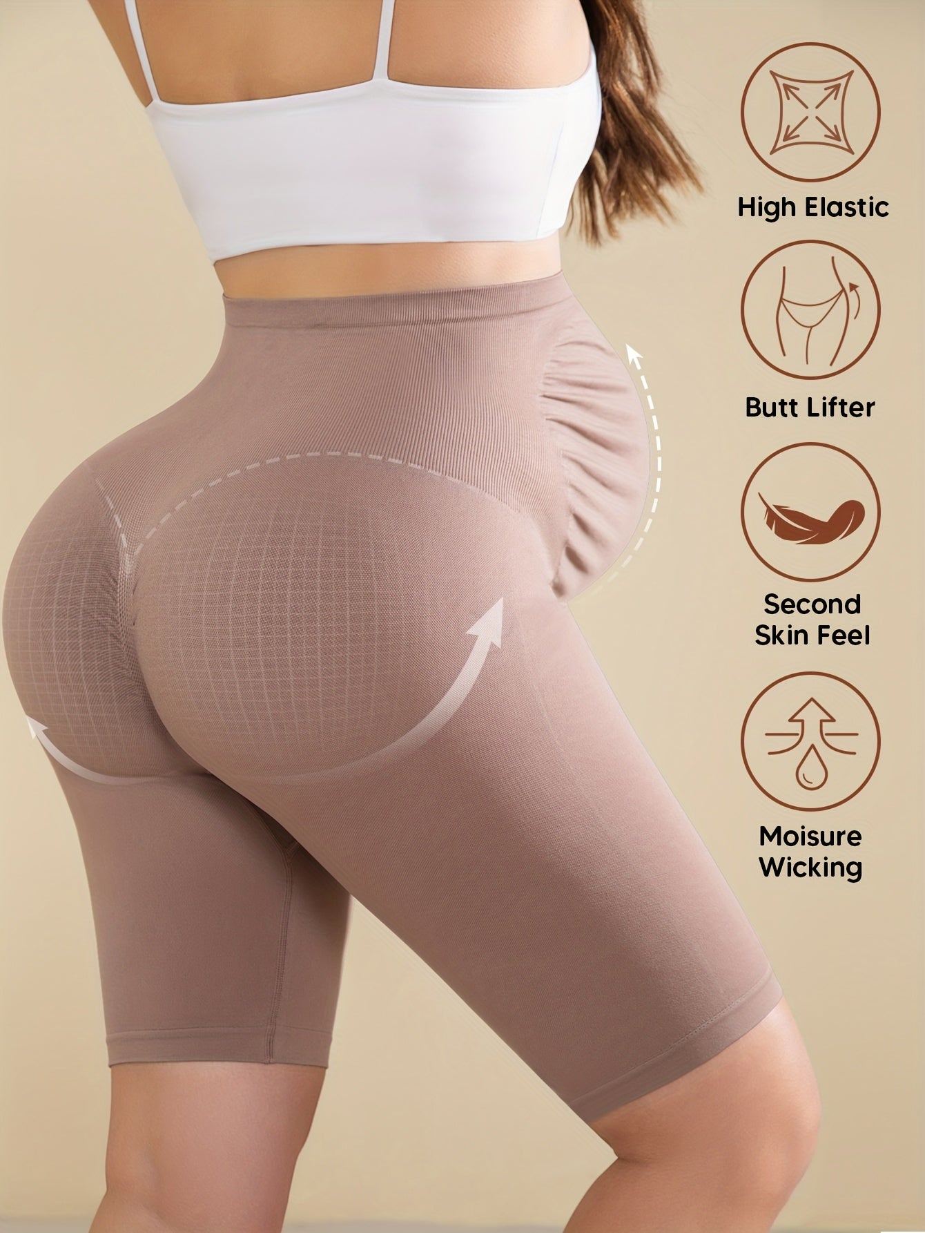 Beige High-Waisted Maternity Shorts Featuring Back Support, an Expandable Belly Panel, And a Built-In Band for Comfort During Pregnancy. They Are Breathable And Stretchy with a Ribbed Design, Perfect for Yoga And Casual Wear
