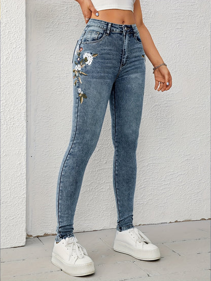 Women's High-Waisted Skinny Jeans with White Floral Embellished Hem & Slash Pockets - Wash Blue Denim Slim-Fit Stretch Pants, Beltless Waistband for All-Season Wear, Casual to Dressy (Hand Wash/Dry Clean) - Tight Leg Fit Jeans