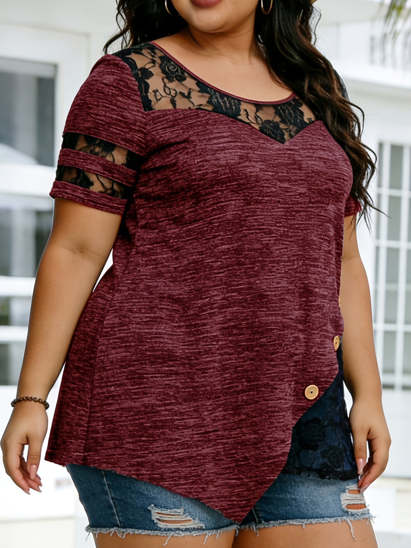 Plus Size - Plus Size - Women'S Plus Size Lace Trim Blouse Tops, Flattering V-Neck Tunic Shirt, Casual Dressy Elegant Tops, Flowy Tunic Top with Lace Sleeves, Comfort Stretch Blouse for Women, Loose Fit Shirt, Sizes XL-5X