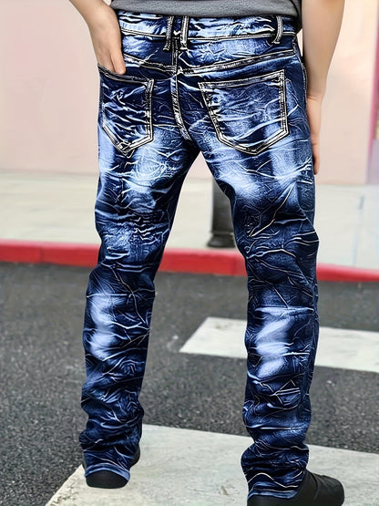 [HME] New Men's Slim-fit Straight Jeans for All Four Seasons, A Major Release for Spring And Autumn 2025, Featuring Floral And Lightning-washed Durability. Slim-fit Casual Pants, Versatile Korean Style Trendy Long Pants for Men's Outdoor Wear