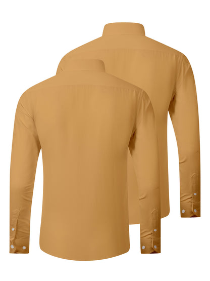 2pcs Men's Long Sleeve Dress Shirts - Elegant White, Stretchy Fabric, Business Casual, Unwrinkled, Single-Breasted with Lapel Collar, All-Season Wear, Casual Attire|Elegant Lapel Shirt|Stretchy Fabric