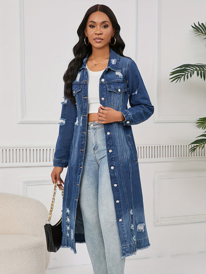 Long Ripped Denim Jacket with Real Pockets, Casual Windbreaker